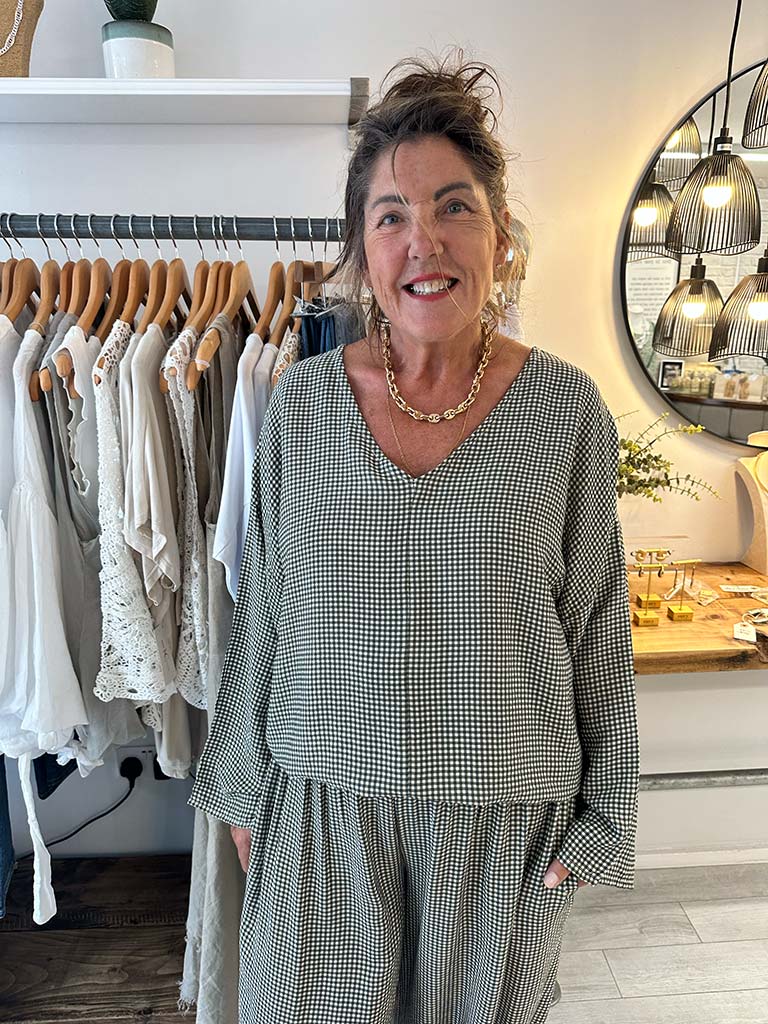 Gingham Tie Side Top - Khaki