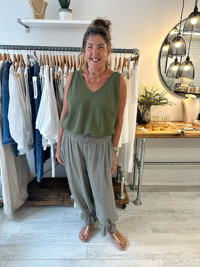 Gingham Ruffle Hem Pants - Khaki