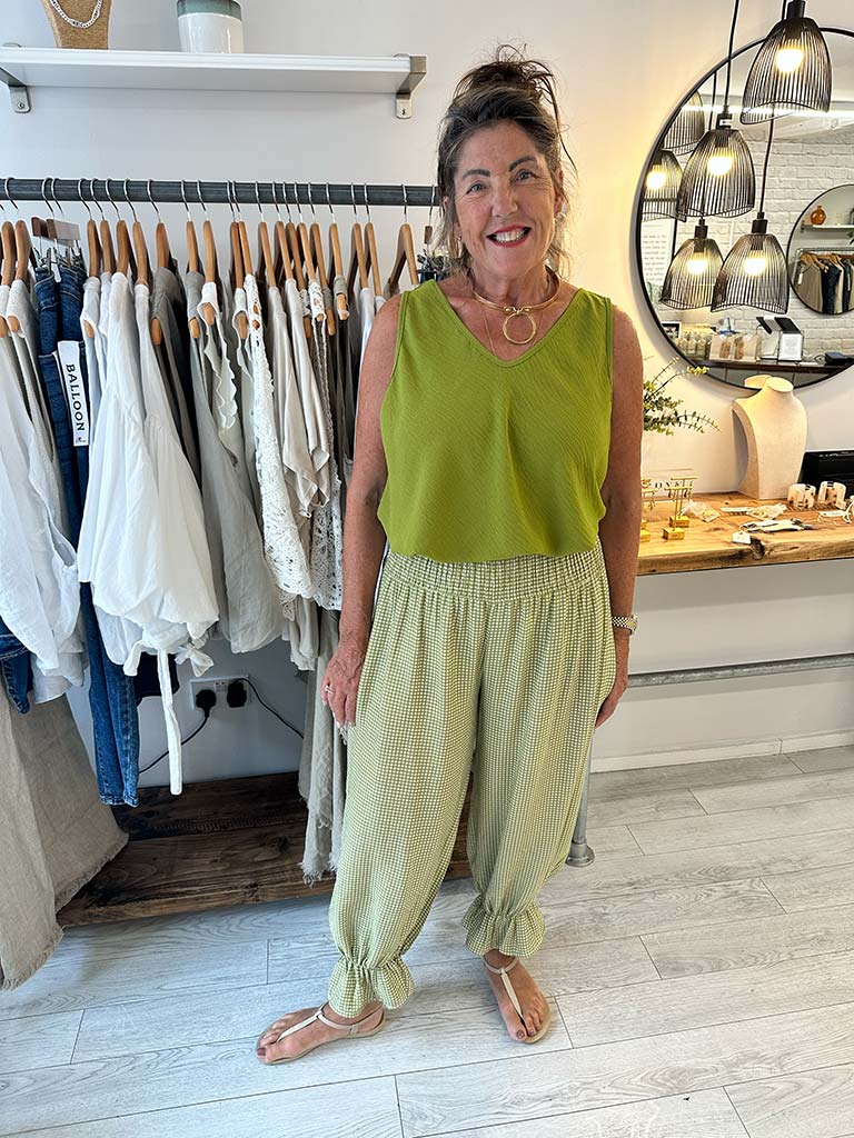 Gingham Ruffle Hem Pants - Avocado
