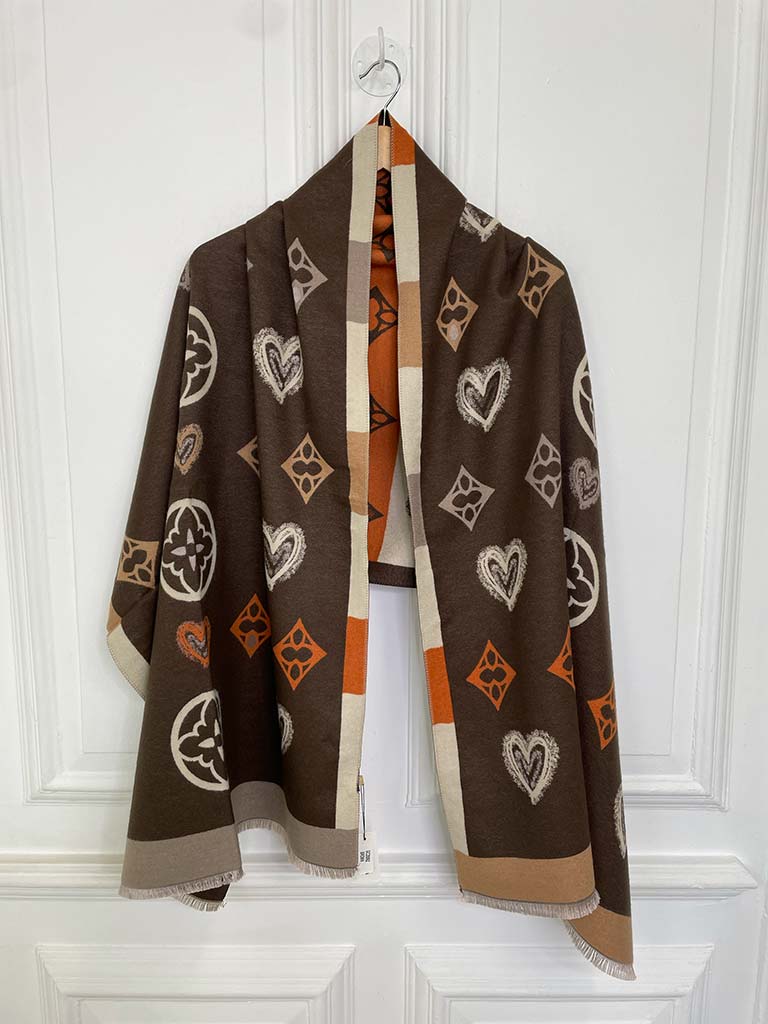 Malissa J Stripe & Heart Print Scarf - Brown & Orange