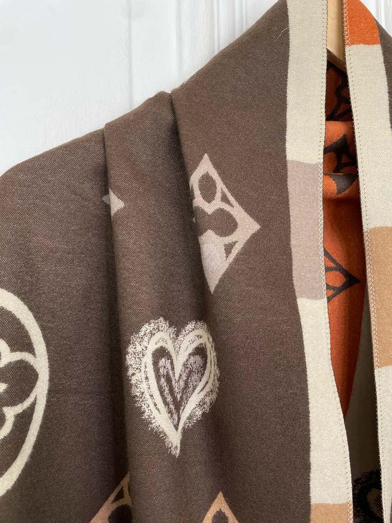 Malissa J Stripe & Heart Print Scarf - Brown & Orange