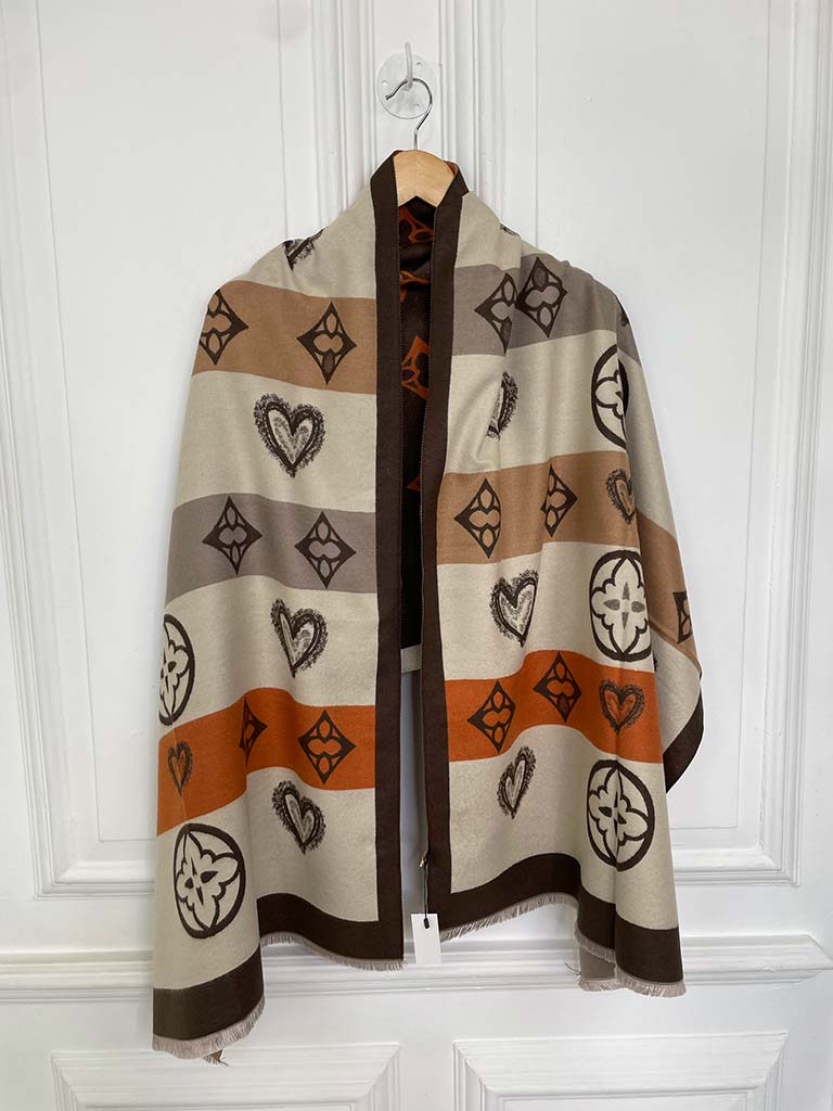 Malissa J Stripe & Heart Print Scarf - Brown & Orange