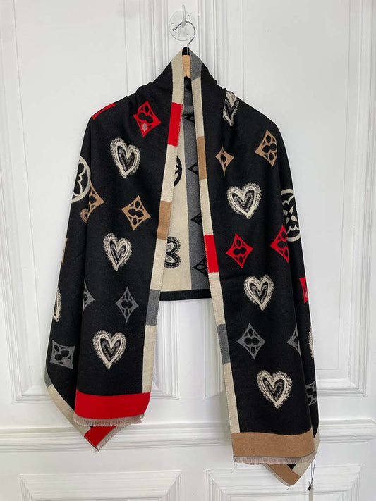 Malissa J Stripe & Heart Print Scarf - Black & Red