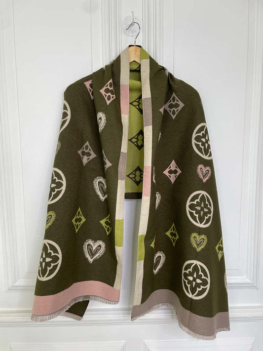 Malissa J Stripe & Heart Print Scarf - Khaki & Blush