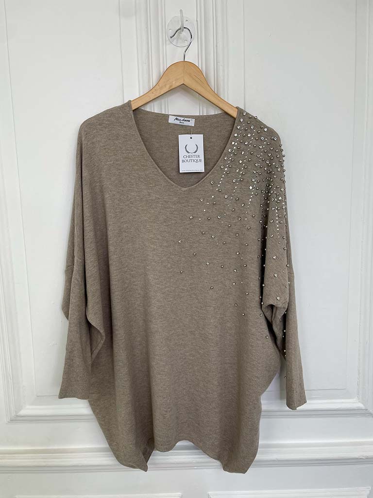 Jewelled & Stud Knit - Taupe