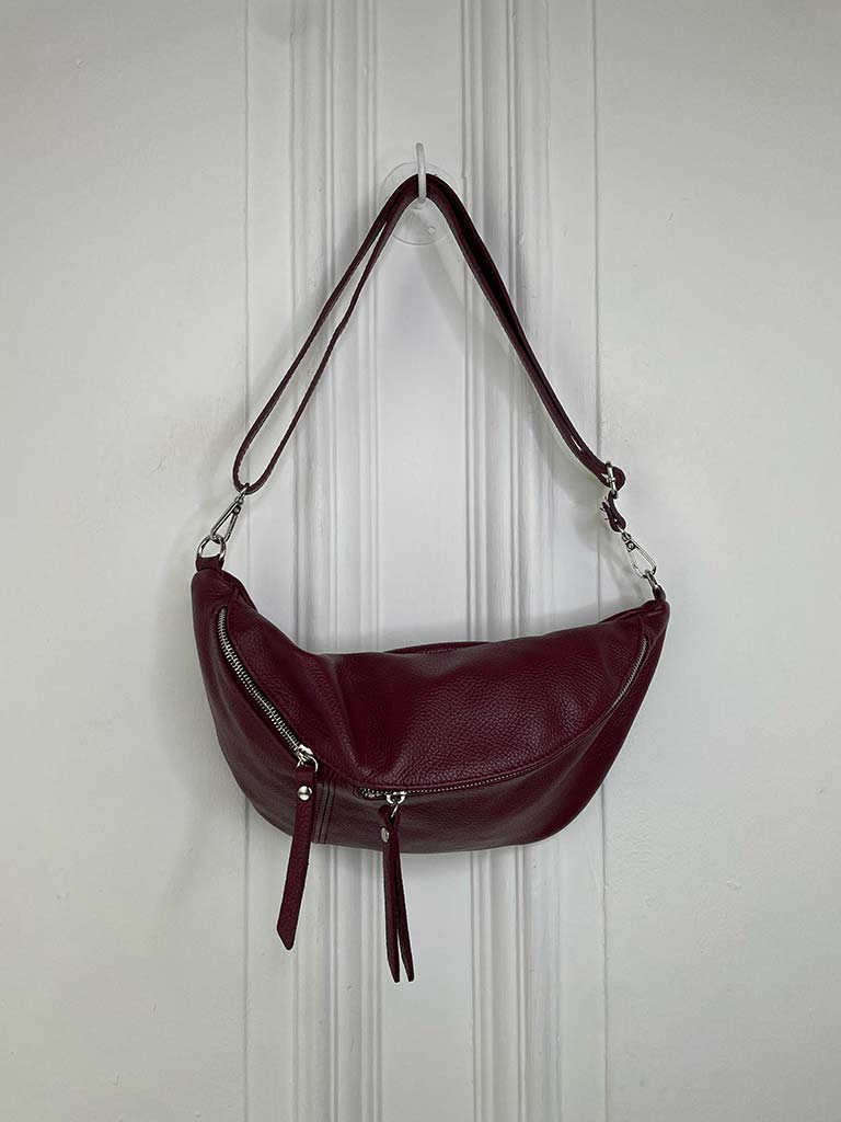 Leather Double Zip Bumbag - Burgundy