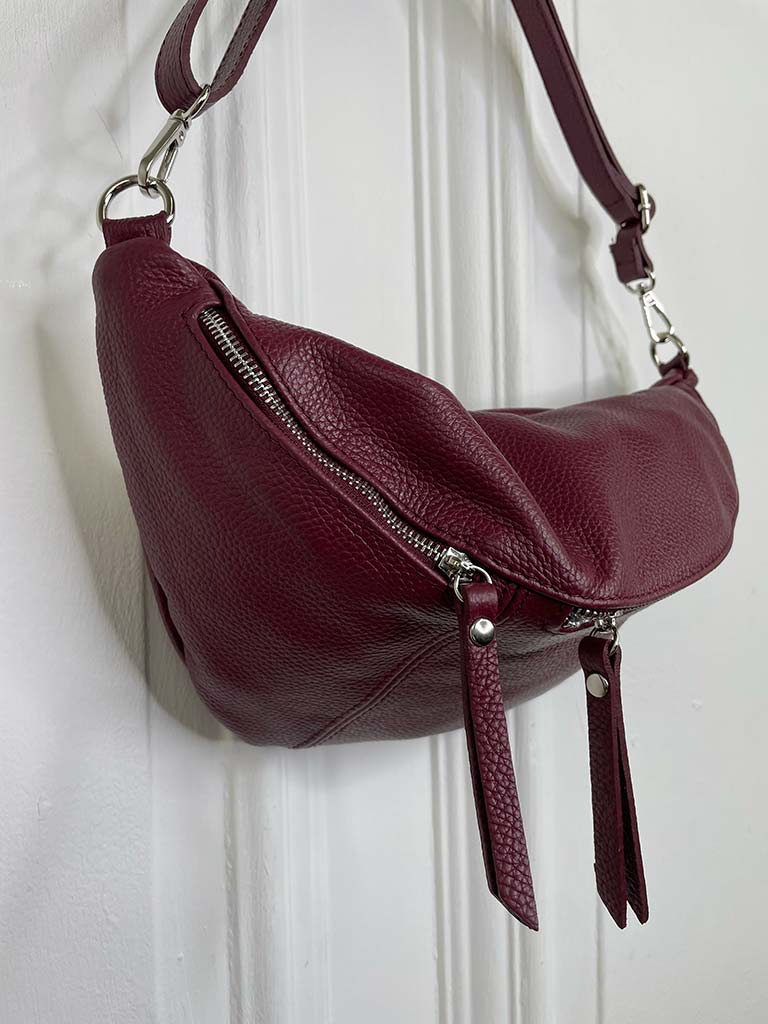 Leather Double Zip Bumbag - Burgundy