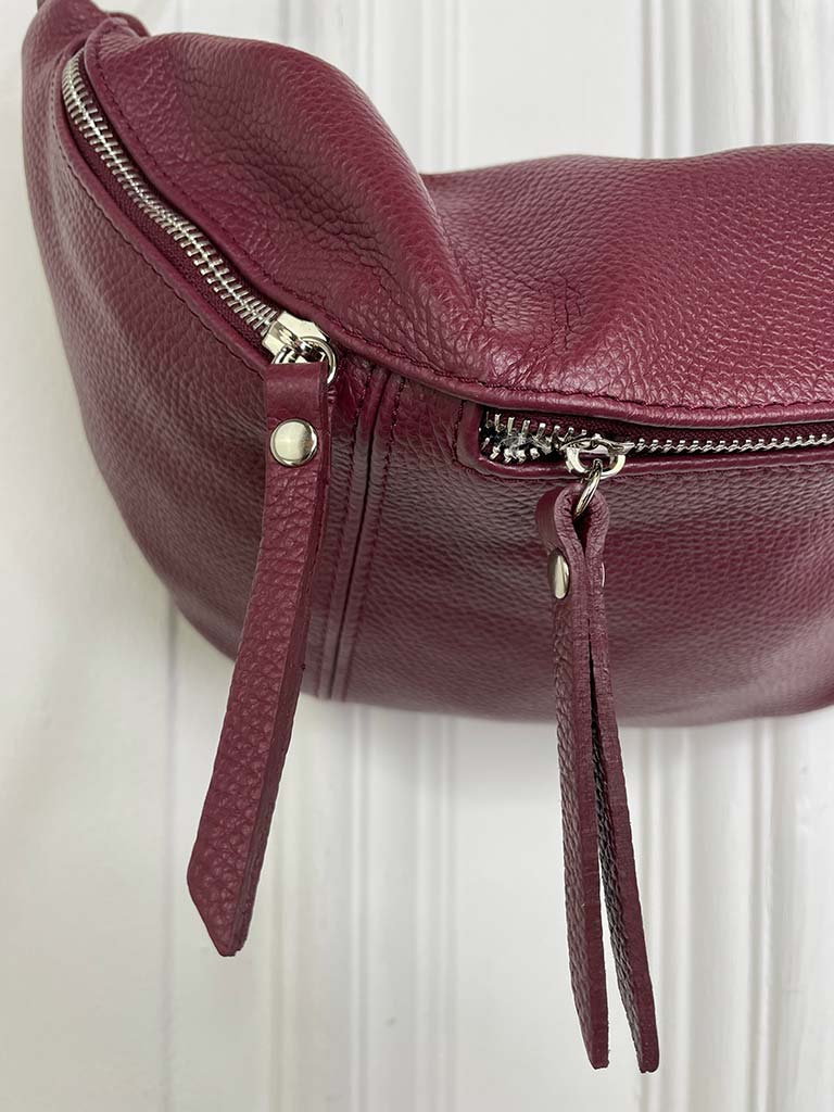 Leather Double Zip Bumbag - Burgundy