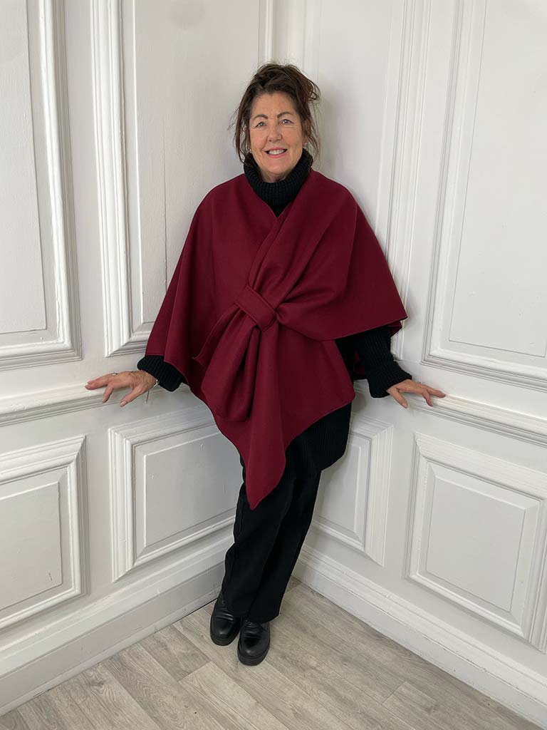 Wool Feel Wrap Cape - Burgundy