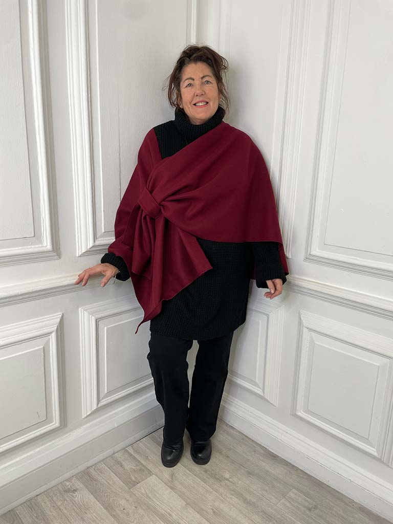 Wool Feel Wrap Cape - Burgundy