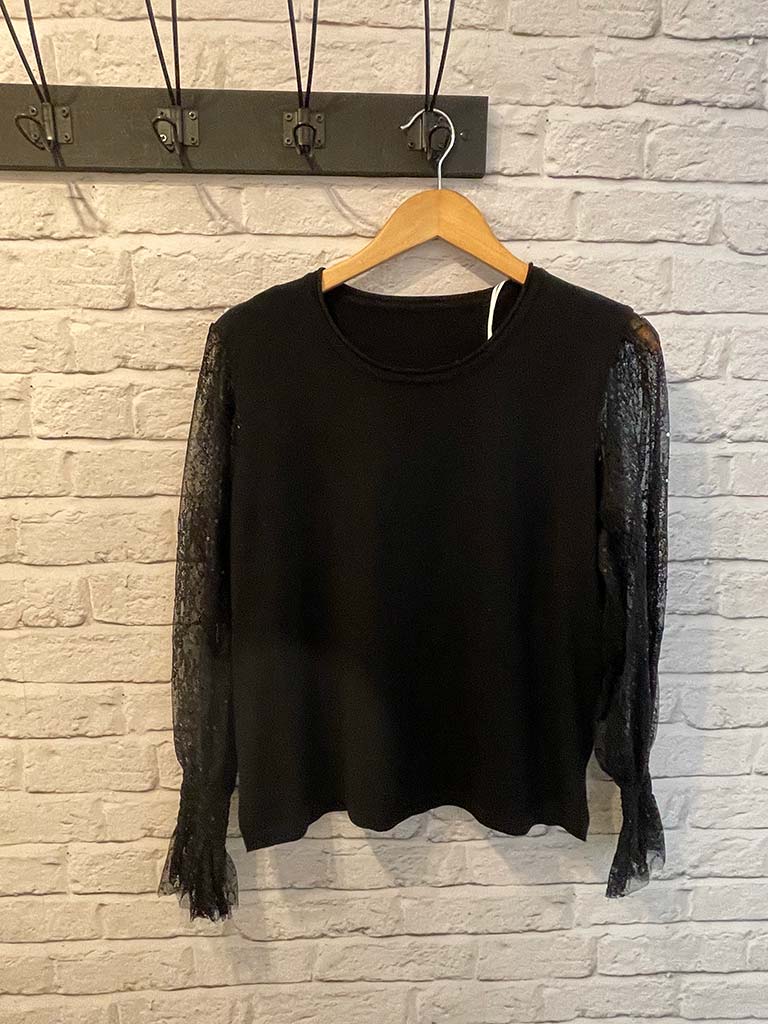 Malissa J Lace & Sequin Sleeve Knit - Black