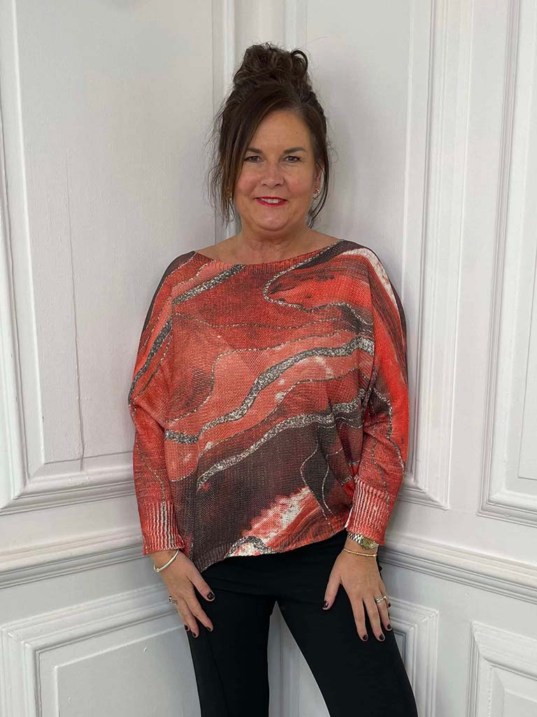 Print Batwing Knit - Red Marble