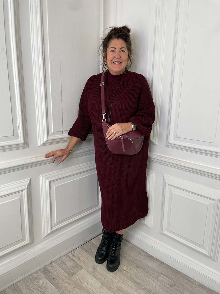 Chunky Neck Knitted Dress - Burgundy