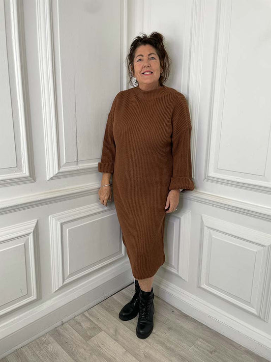 Chunky Neck Knitted Dress - Burnt Umber