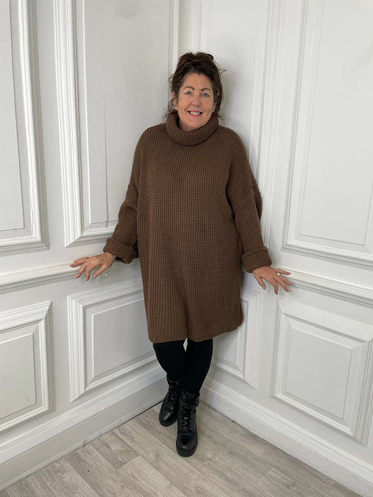 Chunky Weave Roll Neck Tunic - Chocolate