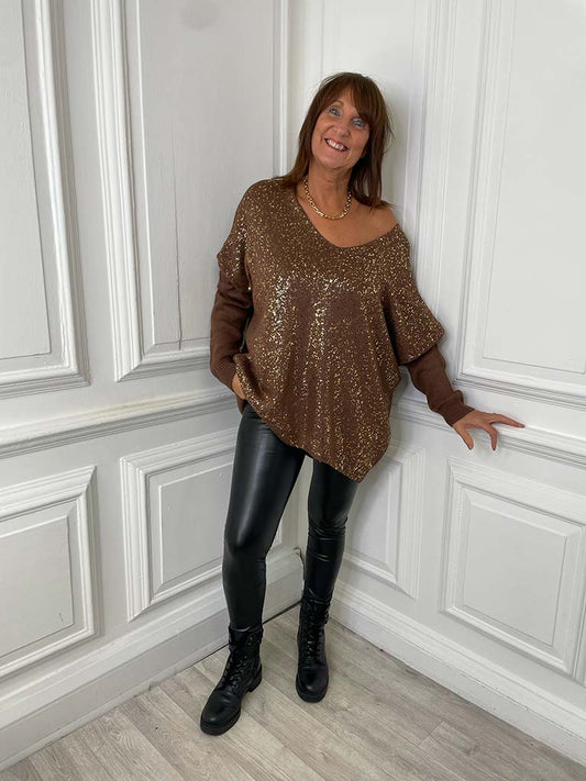 Gold Fleck V-Neck Knit - Milk Chocolate