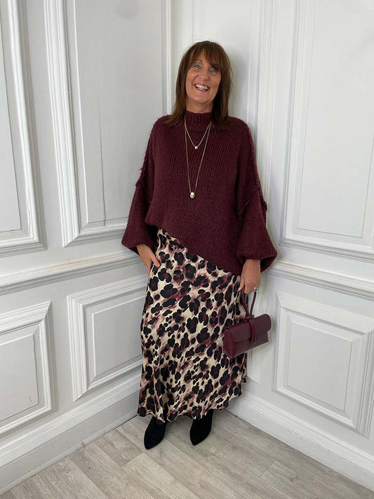 Silk Mix Leopard Print Skirt - Burgundy & Natural