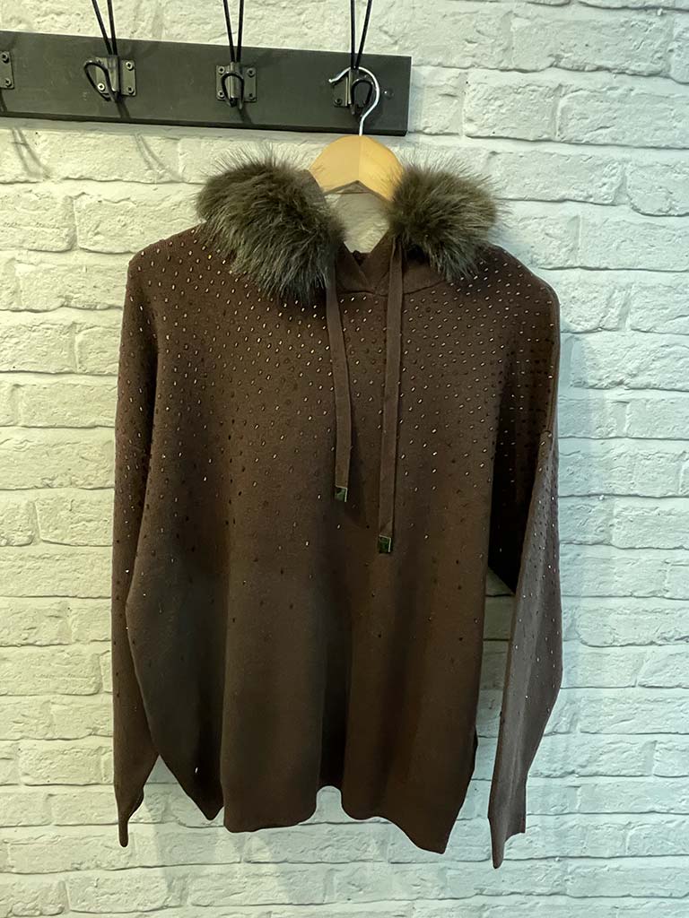 Malissa J Embellished Faux Fur Hoodie - Chocolate