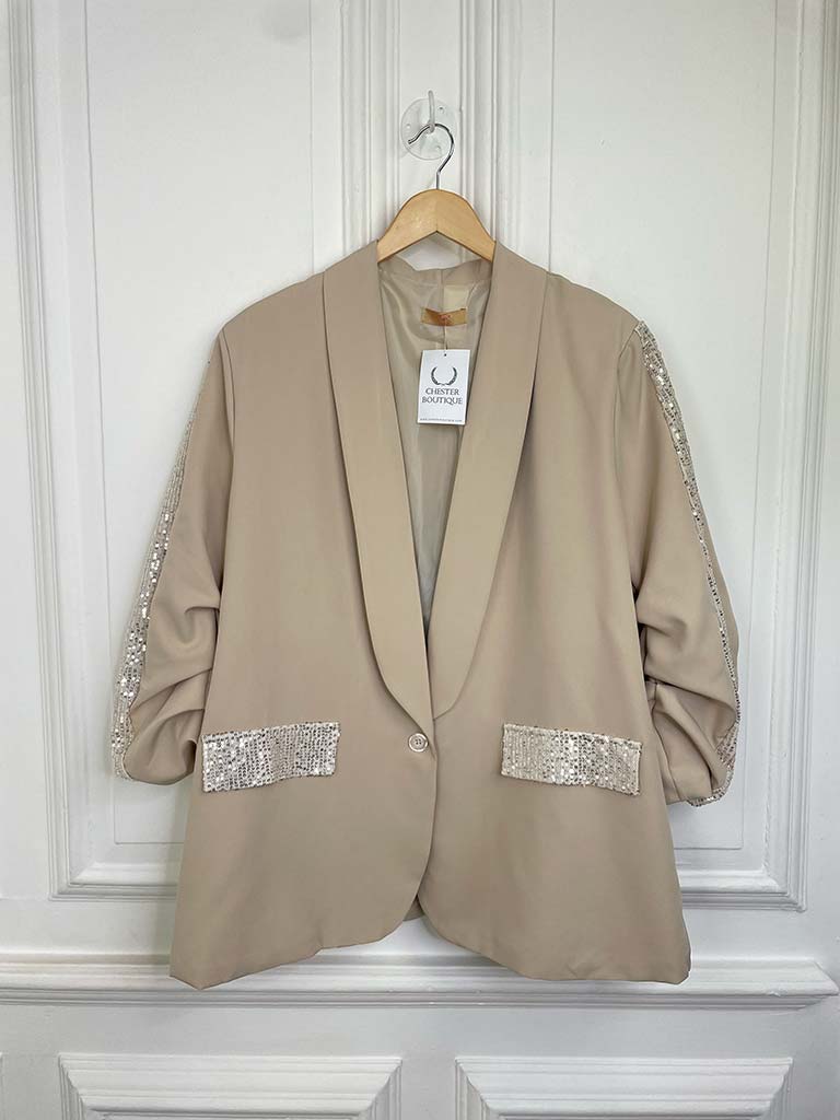 Ruched Sleeve Sequin Blazer - Stone