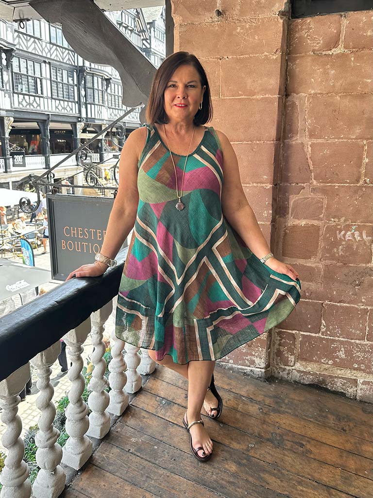 Abstract Print A-Line Dress - Teal & Magenta