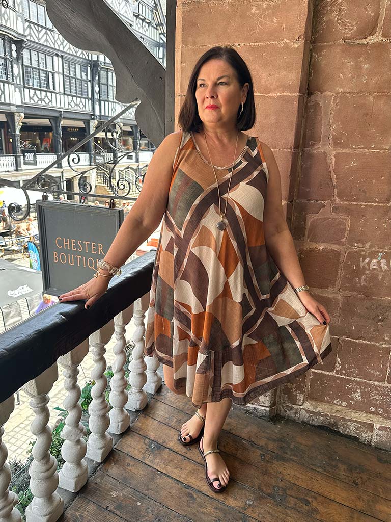 Abstract Print A-Line Dress - Chocolate & Tan