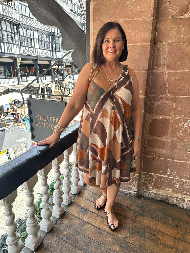 Abstract Print A-Line Dress - Chocolate & Tan