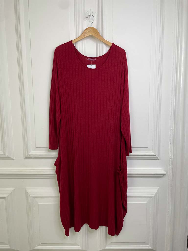 Ribbed Cocoon Pocket Dress - Ruby