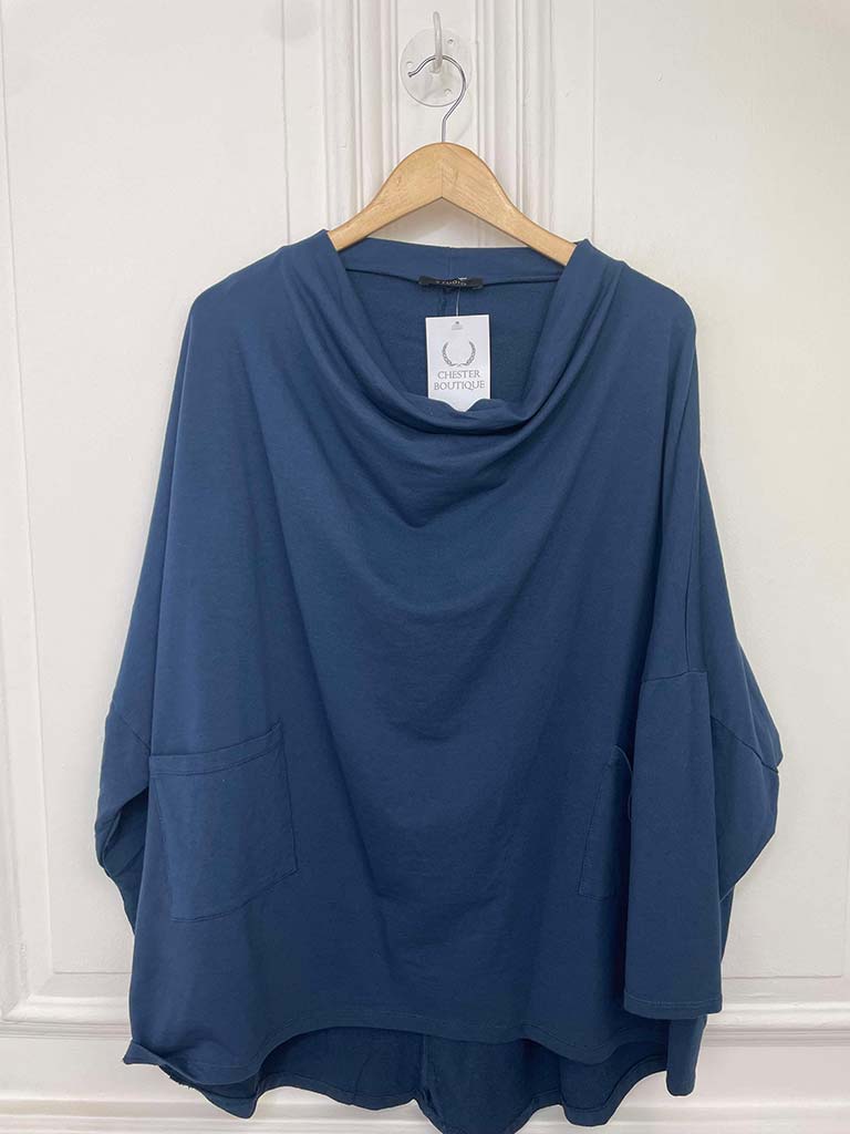 Cowl Jersey Pocket Top - Navy