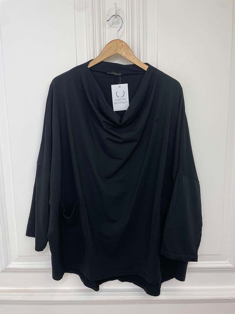 Cowl Jersey Pocket Top - Black