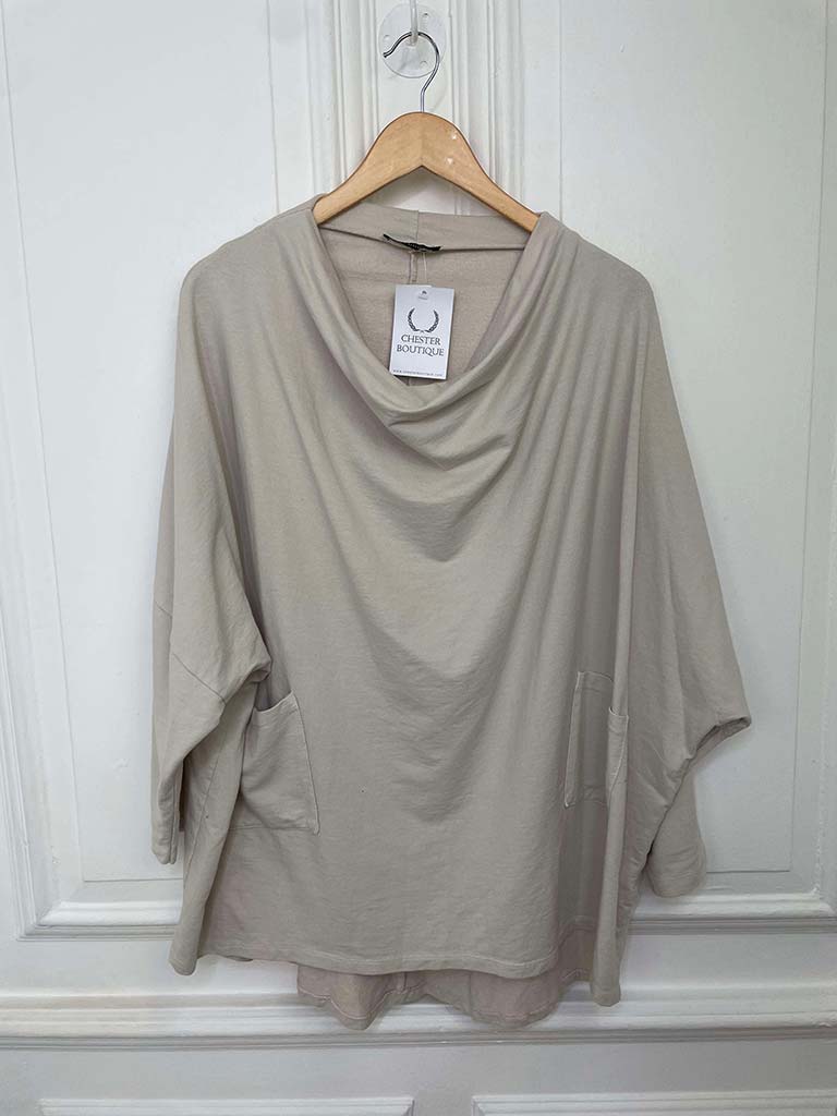 Cowl Jersey Pocket Top - Stone