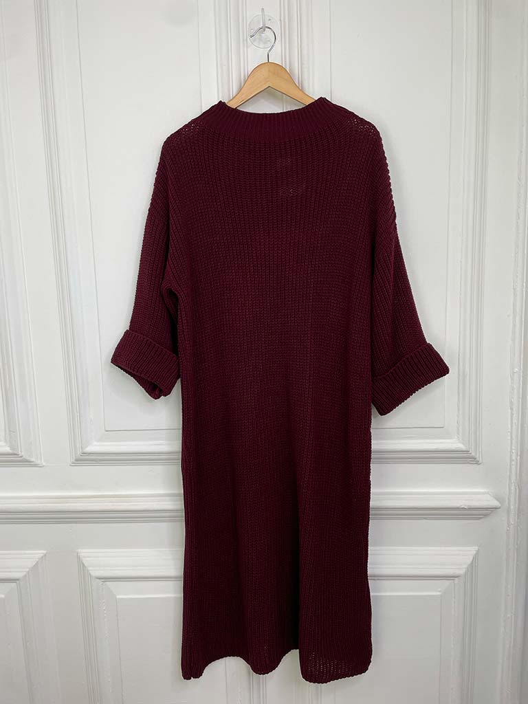 Chunky Neck Knitted Dress - Burgundy