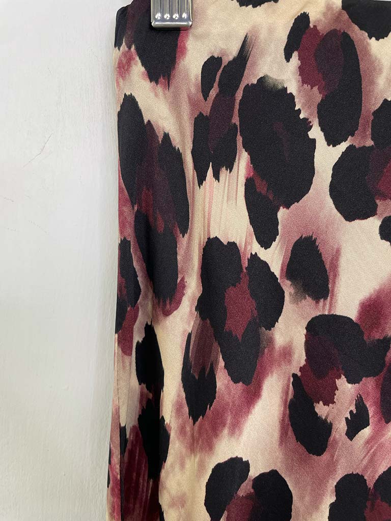 Silk Mix Leopard Print Skirt - Burgundy & Natural