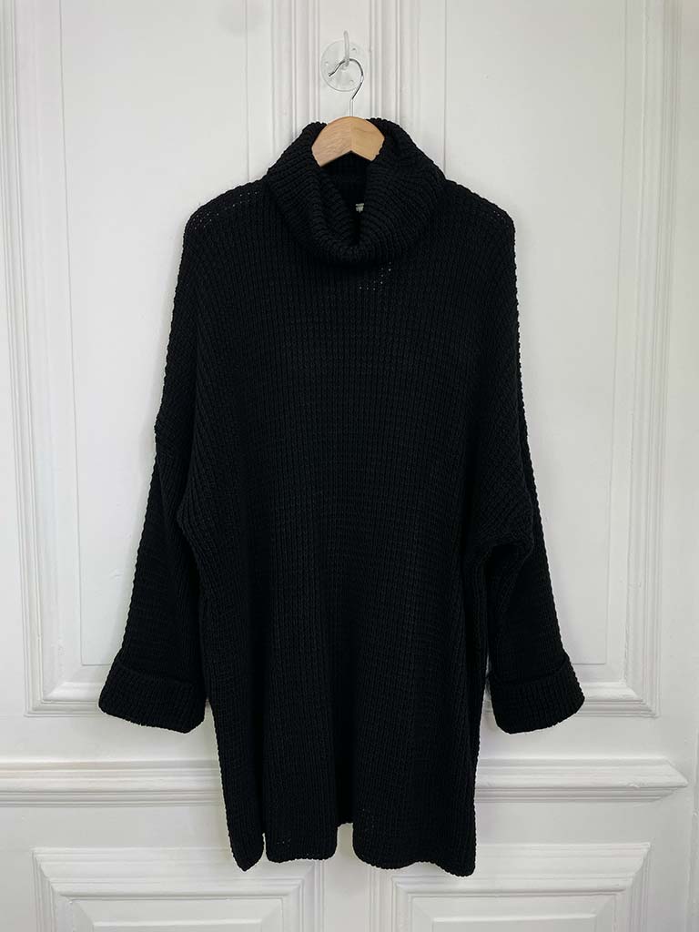 Chunky Weave Roll Neck Tunic - Black