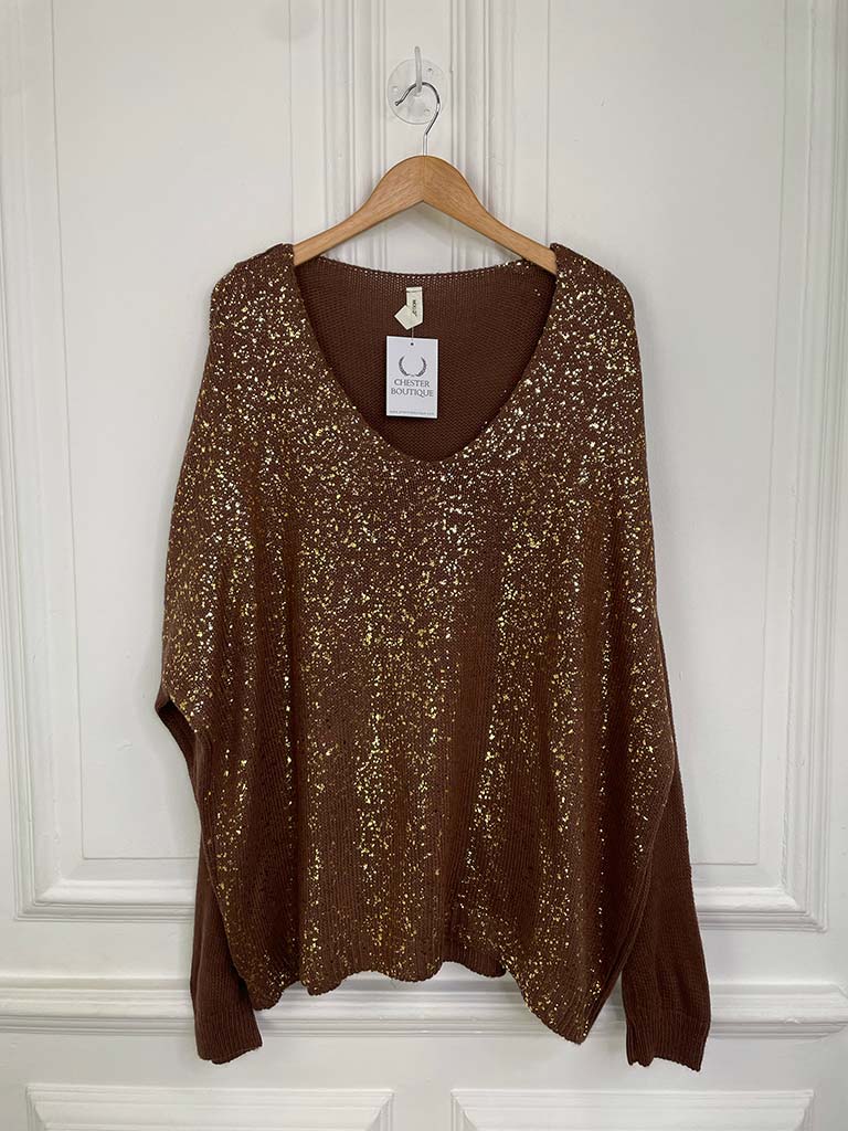 Gold Fleck V-Neck Knit - Milk Chocolate