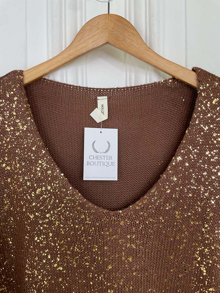 Gold Fleck V-Neck Knit - Milk Chocolate