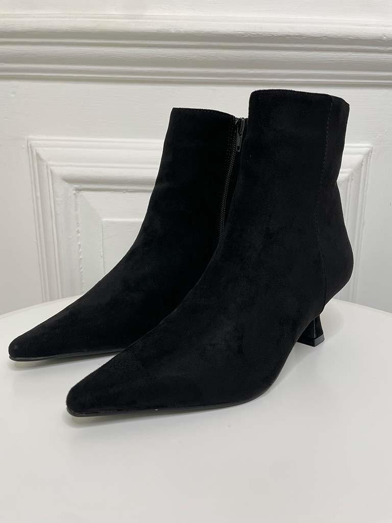 Faux Suede Kitten Heel Ankle Boot - Black