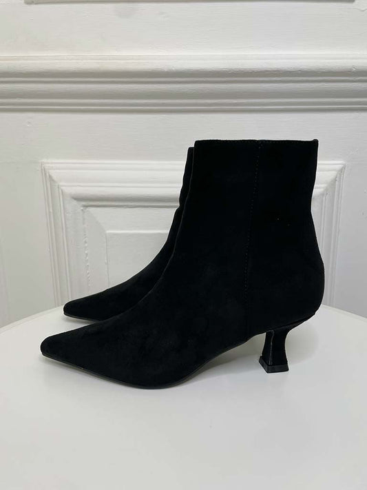 Faux Suede Kitten Heel Ankle Boot - Black