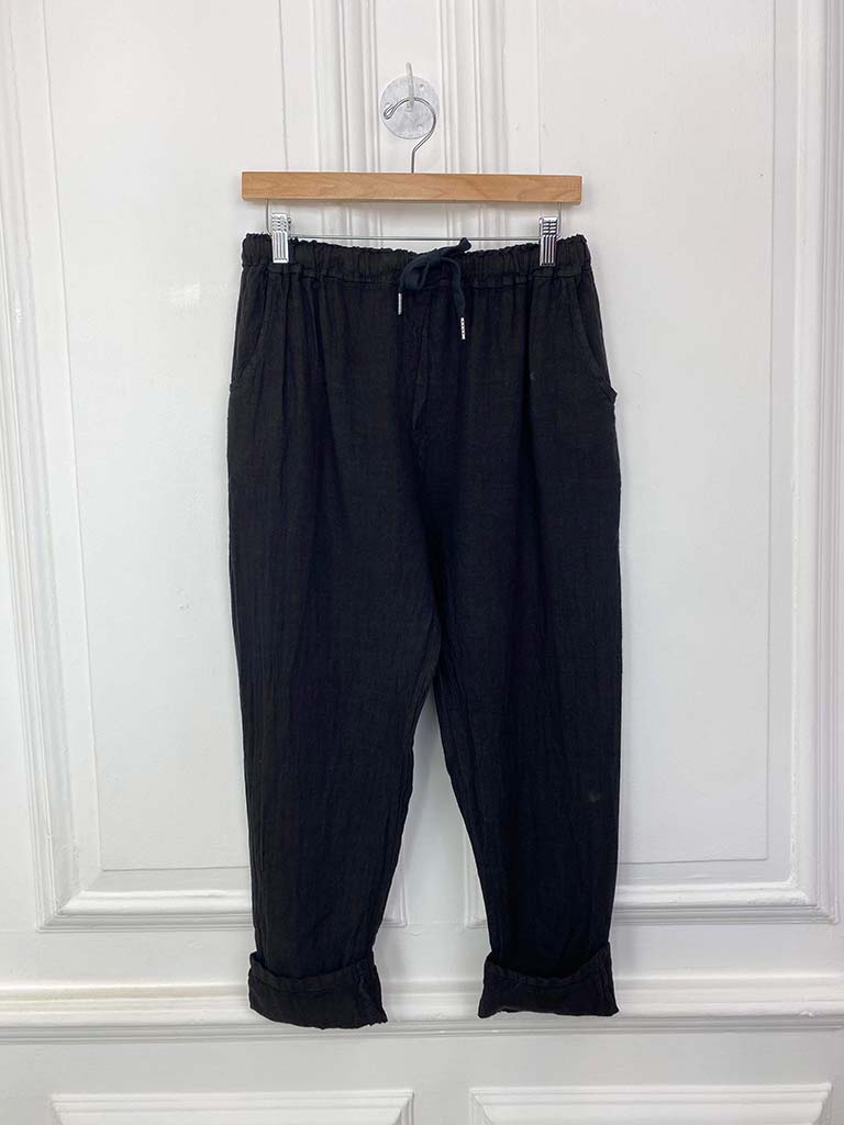 Turn Up Linen Trousers - Black