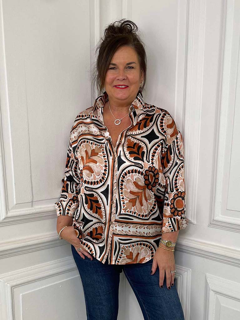 Tile Pattern Silk Feel  Shirt - Burnt Orange Mix