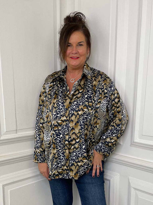 Tawny Print Silk Feel Shirt - Navy & Sand