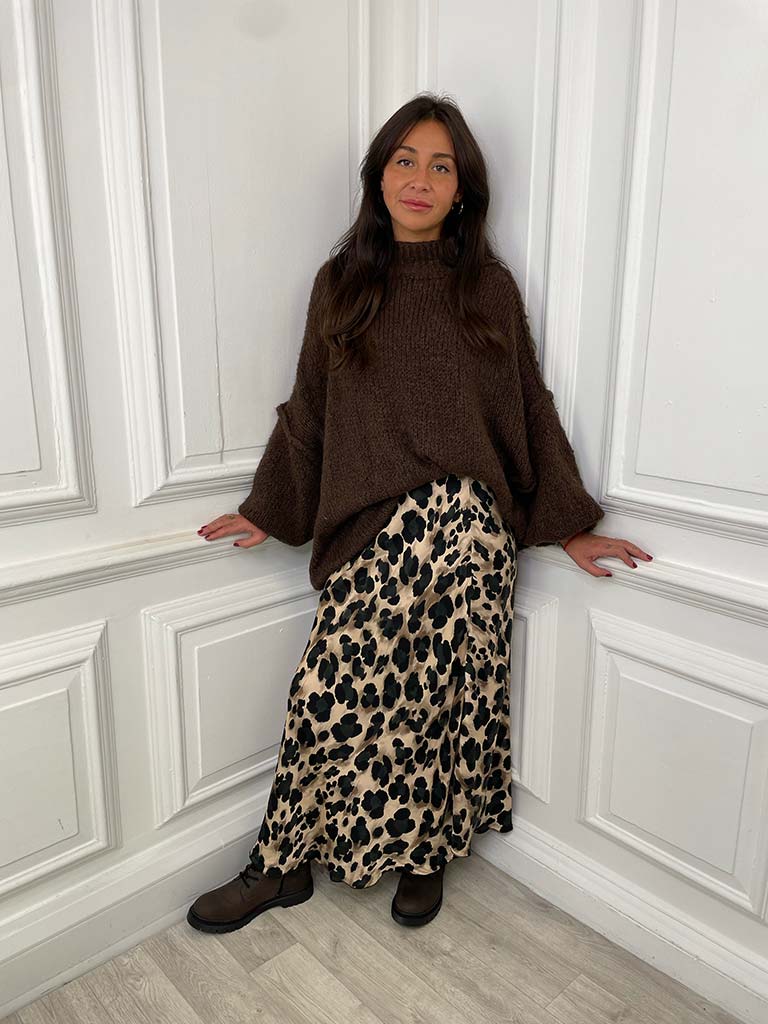 Silk Mix Leopard Print Skirt - Grey & Natural