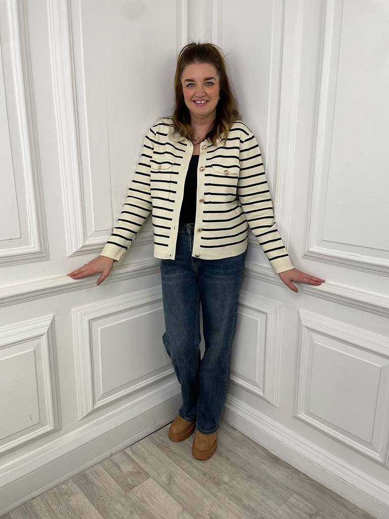 Knitted Striped Gold Button Jacket - Ecru