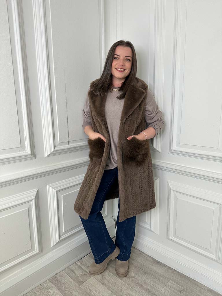 Luxe Cable Faux Fur Gilet - Truffle