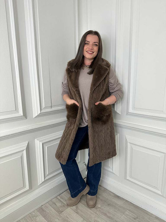 Luxe Cable Faux Fur Gilet - Truffle