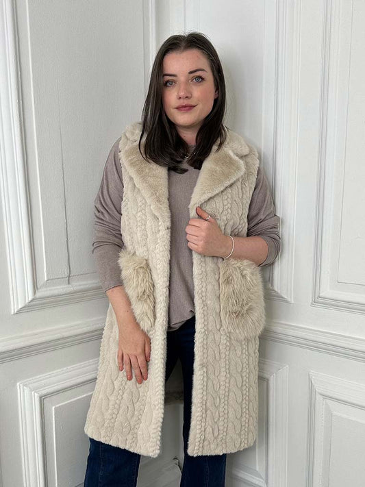 Luxe Cable Faux Fur Gilet - Cream