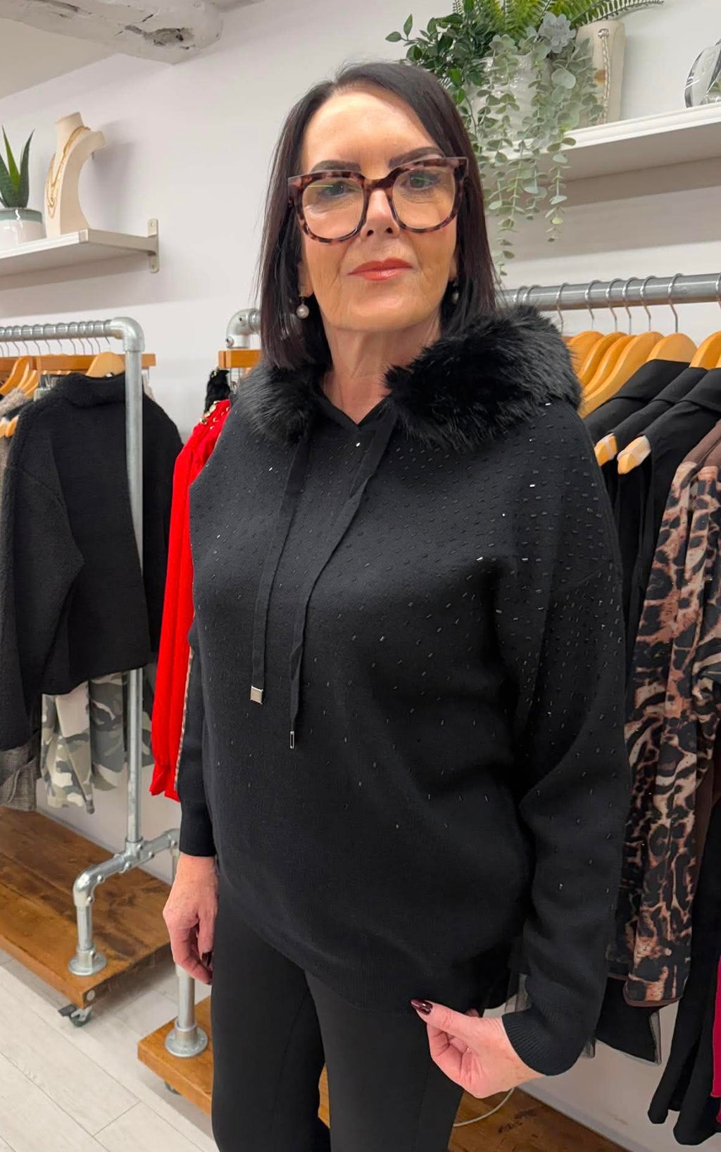 Malissa J Embellished Faux Fur Hoodie in Black