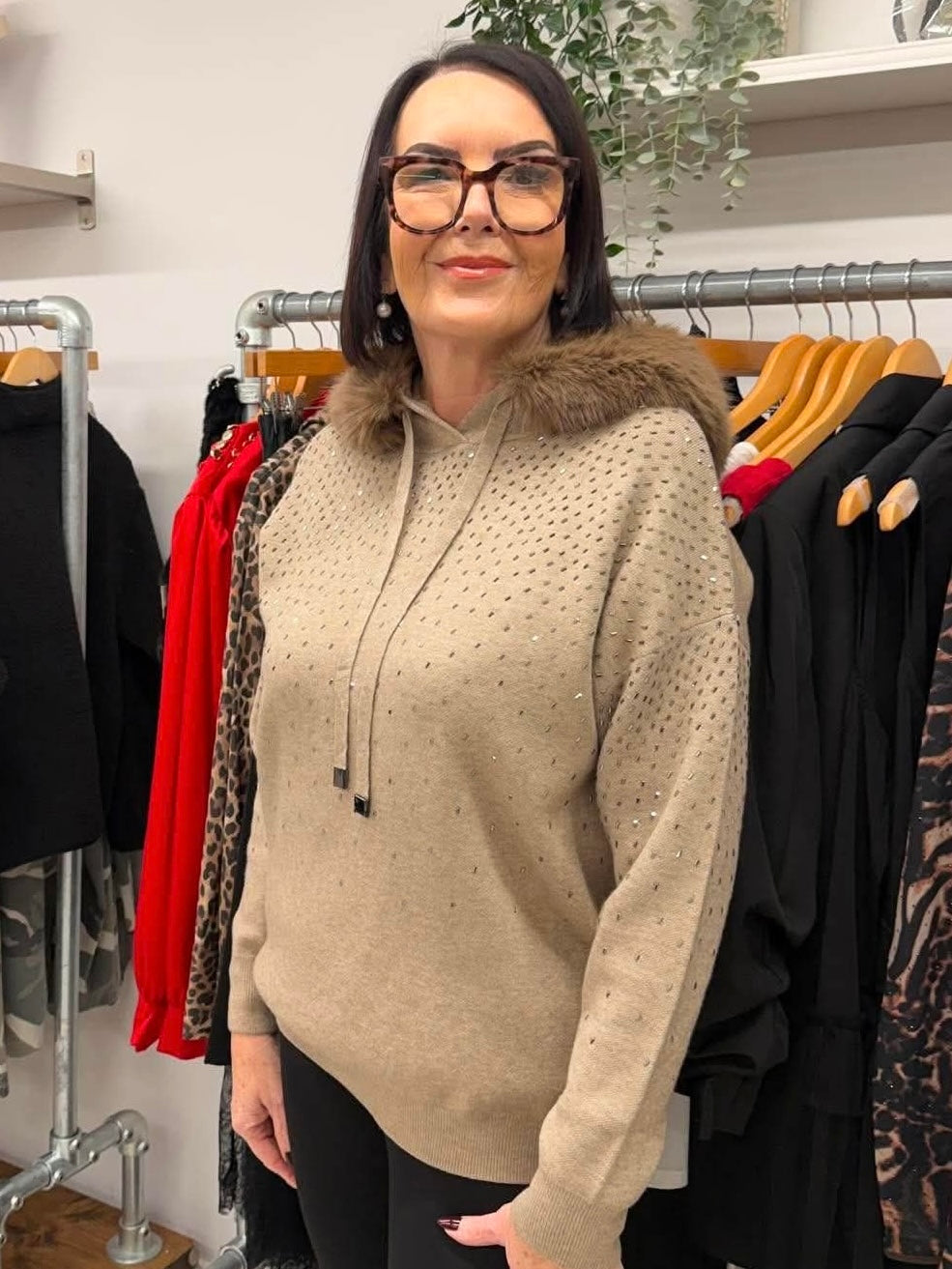 Malissa J Embellished Faux Fur Hoodie - Stone