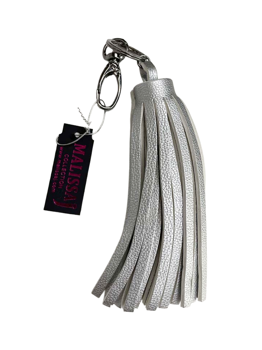 Silver leather tassel keyring with metal clip and Malissa J tag for womens fashion and everyday wear. - Malissa J Tassel Keyring - Silver
