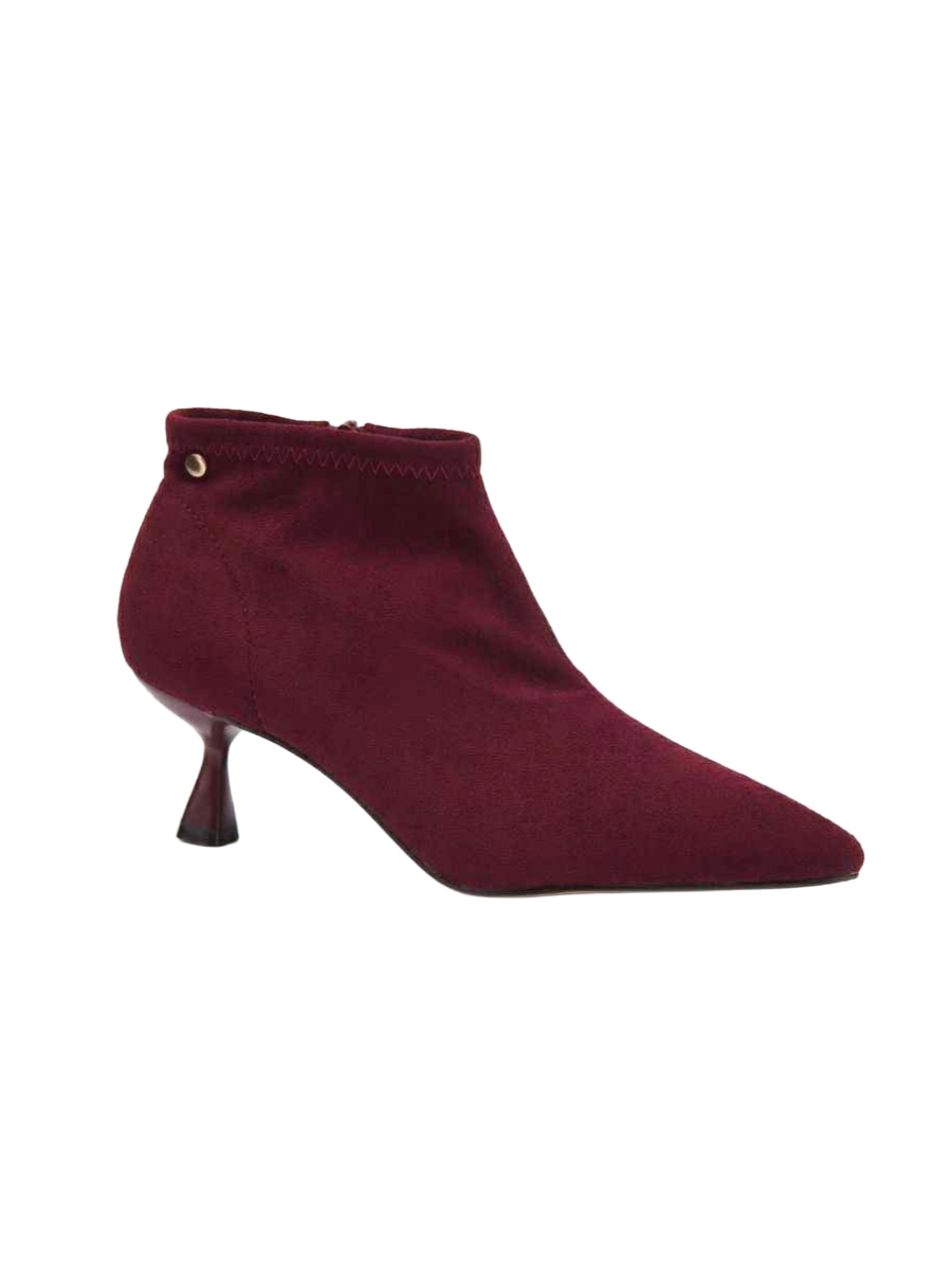 Faux Suede Heeled Ankle Boots - Burgundy