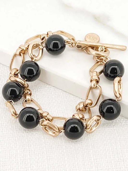 Envy Double Chain Link Bead Bracelet - Gold & Black